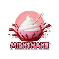 Pink milkshake in a bowl with chocolate splash and straw.