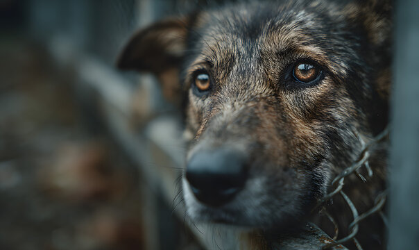 Portrait of lonely sad abandoned stray dog behind th fence at animal shelter. est human's friend is waitng for a forever home. Anial rescue concept
