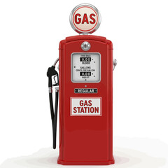 Fototapeta premium A vibrant red vintage gas pump with a 'GAS' sign on top and 'GAS STATION' on its body.