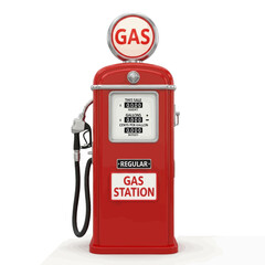 A vintage red gas pump with a round sign on top, isolated on white.