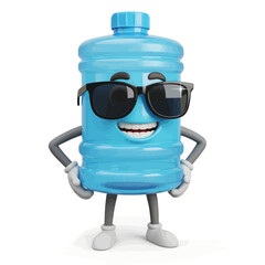Cool 3D cartoon water bottle character wearing sunglasses, smiling with hands on hips, on a white background.