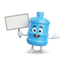 A happy cartoon water bottle jug mascot holding a blank sign.