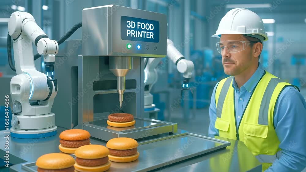 Aufkleber engineer operates 3d food printer creating multiple hamburgers. robotic arms assist in precise food 