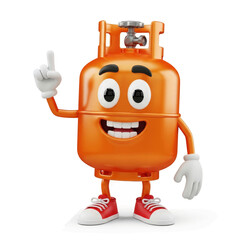Animated orange gas cylinder character with happy expression, pointing upwards.