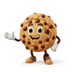 A cheerful 3D cartoon chocolate chip cookie character with a happy face, waving its hand against a white background.