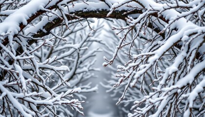 Serene Winter Wonderland with Snow-Covered Branches in Tranquil Nature Scene