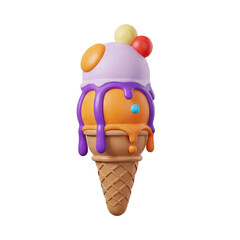 A vibrant 3D illustration of a double scoop ice cream cone with colorful syrup drips and candy toppings, isolated on a white background.