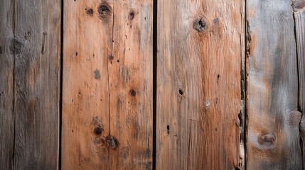 Fototapeta premium Topdown view of weathered wooden planks with knots and grain in warm earthy tones, highlighting aged textures and subtle shadows with copy space on left