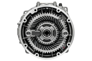 Complex metal gears inside an open automotive transmission case isolated on a transparent background