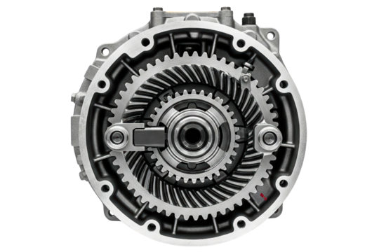 Complex metal gears inside an open automotive transmission case isolated on a transparent background