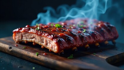 Thick, blue smoke curls from slow-cooked barbecue ribs , dinner, bbq ribs, fire