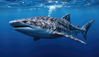 Fototapeta premium Majestic shark swimming gracefully beneath azure waters with sunlight filtering through the surface for underwater exploration and marine life appreciation