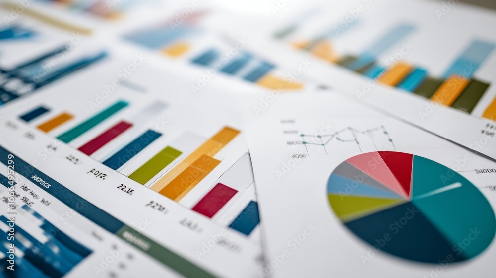 Poster topdown macro closeup of colorful business charts and data visualizations with structured statistica