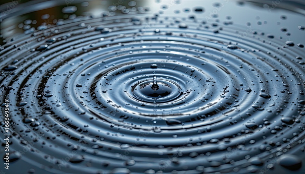 Poster close-up of water ripples from a droplet impact on a calm surface with reflections and a soft focus 