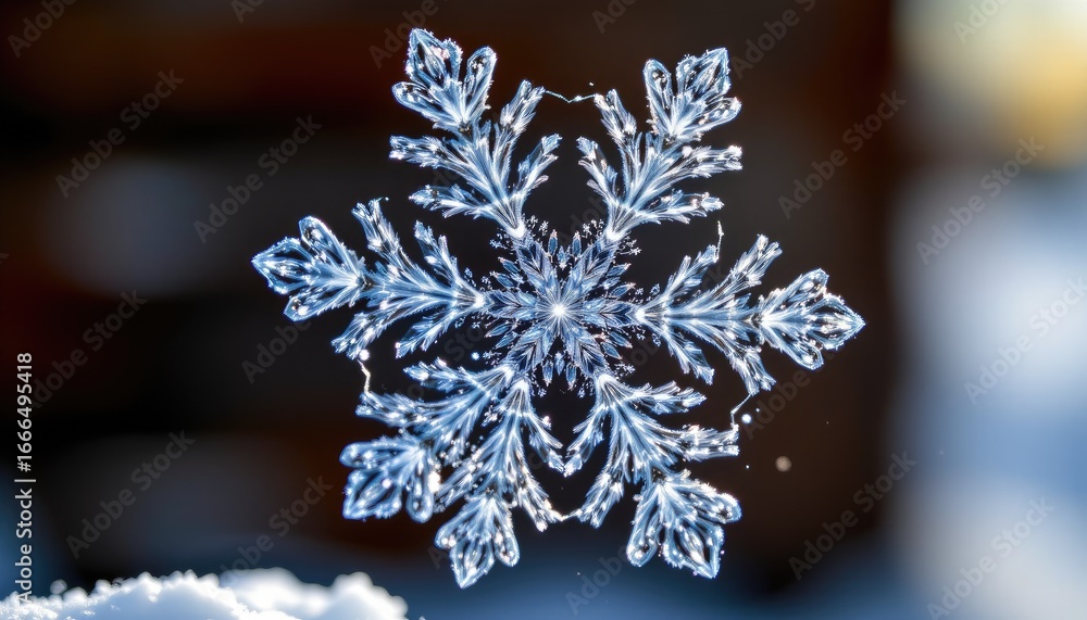 Poster exquisite ice crystal snowflake with intricate pattern on a clear background in natural light