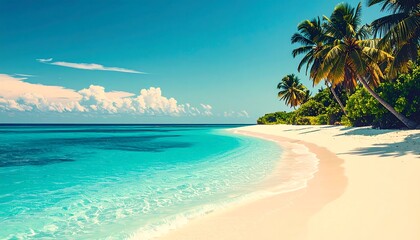 Naklejka premium Tropical Beach Paradise with Palm Trees and Turquoise Water.