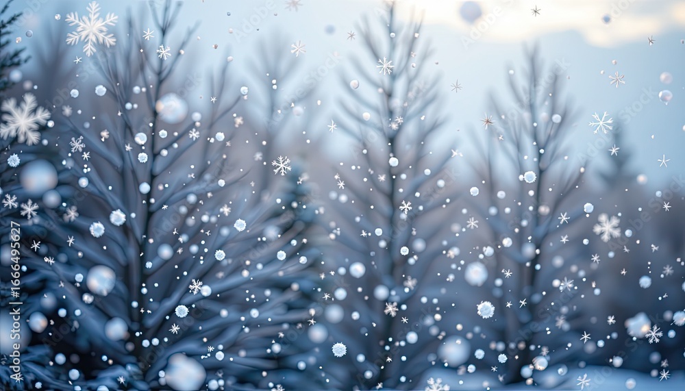 Poster snowflakes falling gently on winter trees with soft focus background in frosty atmosphere