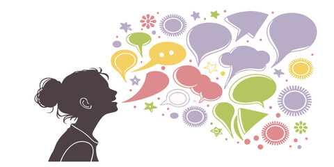 Silhouette of a woman speaking with a colorful explosion of abstract speech bubbles and symbols isolated on transparent background silhouette