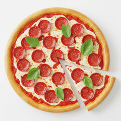 A delicious pepperoni pizza with fresh basil leaves and a slice cut, ready to be served.