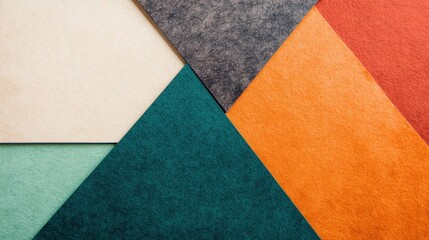 Fototapeta premium Textured paper in various colors forms geometric shapes, showcasing a blend of greens, oranges, and grays against a neutral background