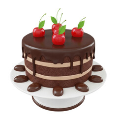 A delicious two-layer chocolate cake with ganache drip and fresh cherries on a white pedestal stand.