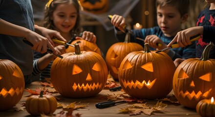 Children carving pumpkins for Halloween, creating jack-o'-lanterns in a festive family activity.