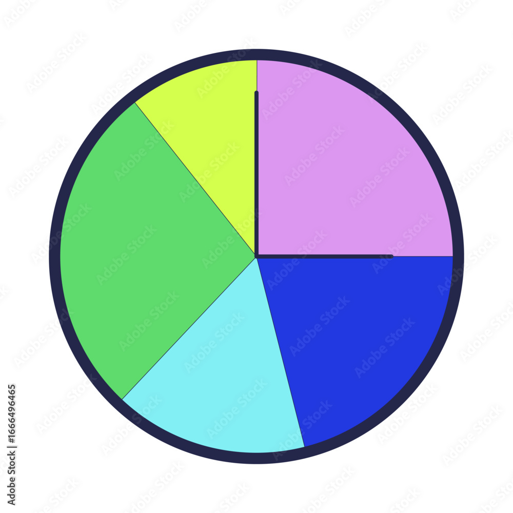 Poster colorful circular clock with five segments 2d cartoon object. creative time visualization. wall cloc