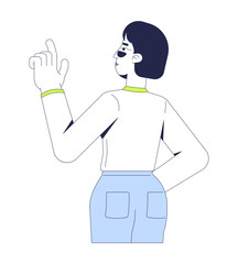 Confident asian woman pointing upward from behind 2D cartoon character. Casual female gesturing direction, instruction, guiding flat vector person isolated on white. Spot illustration colorful