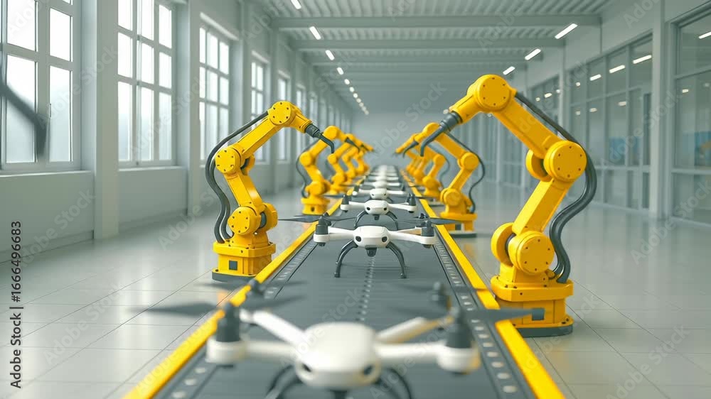 Poster cutting-edge automated production facility showcasing advanced robotic technology for unmanned aeria