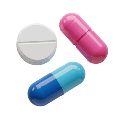 Close-up shot of three different types of pharmaceutical pills, capsules, and tablets.