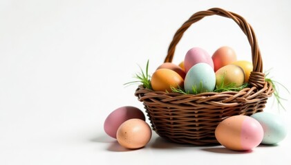 Variety of decorated Easter eggs overflowing from a rustic basket, white backdrop , spring holiday, texture