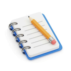 Close-up of a spiral-bound notebook with a pencil, on a white background.