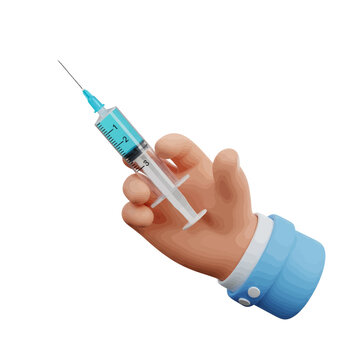 A 3D rendered cartoon hand in a blue shirt cuff holding a medical syringe filled with blue liquid.