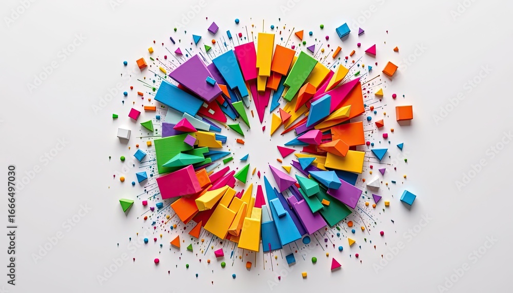 Poster colorful explosion of geometric shapes with bright blocks and triangle elements on white background