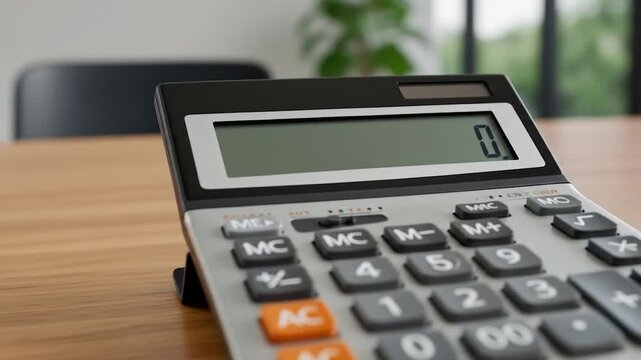 Calculator on wooden desk for finance accounting and business calculation still life