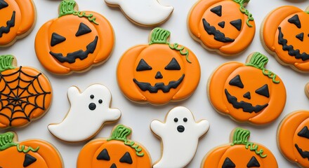 Halloween cookies decorated with pumpkin jack-o-lantern, ghost, and spider web icing on white background. Festive homemade sugar biscuits for spooky holiday celebration.