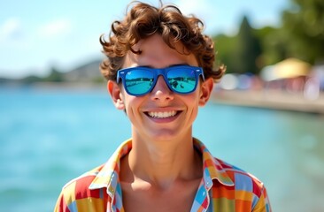 Portrait of a curly-haired guy on the sea embankment