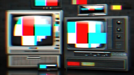 Retro TVs with distorted, colorful pixelated screens