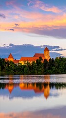 Castle reflected in tranquil lake at sunset