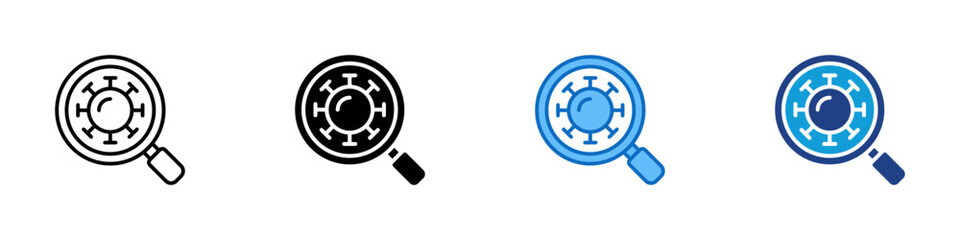 Virus Detection Multi Style Icon Vector Design - Magnifying glass examining a virus particle, indicating virus analysis, detection, or diagnosis