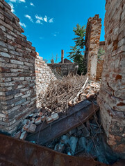 ruined street and destroyed houses the city war in Ukraine