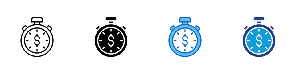Time Finance Multi Style Icon Vector Design - Stopwatch with dollar symbol represents urgency in financial decisions or timed investment returns