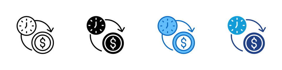 Time Value Multi Style Icon Vector Design - Clock and coin illustrate the concept of time value of money or timely investment returns
