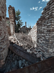 ruined street and destroyed houses the city war in Ukraine