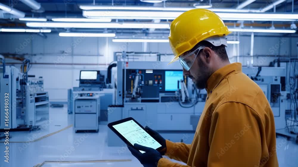 Poster skilled professional in protective gear examines digital technical schematic on tablet, analyzing co