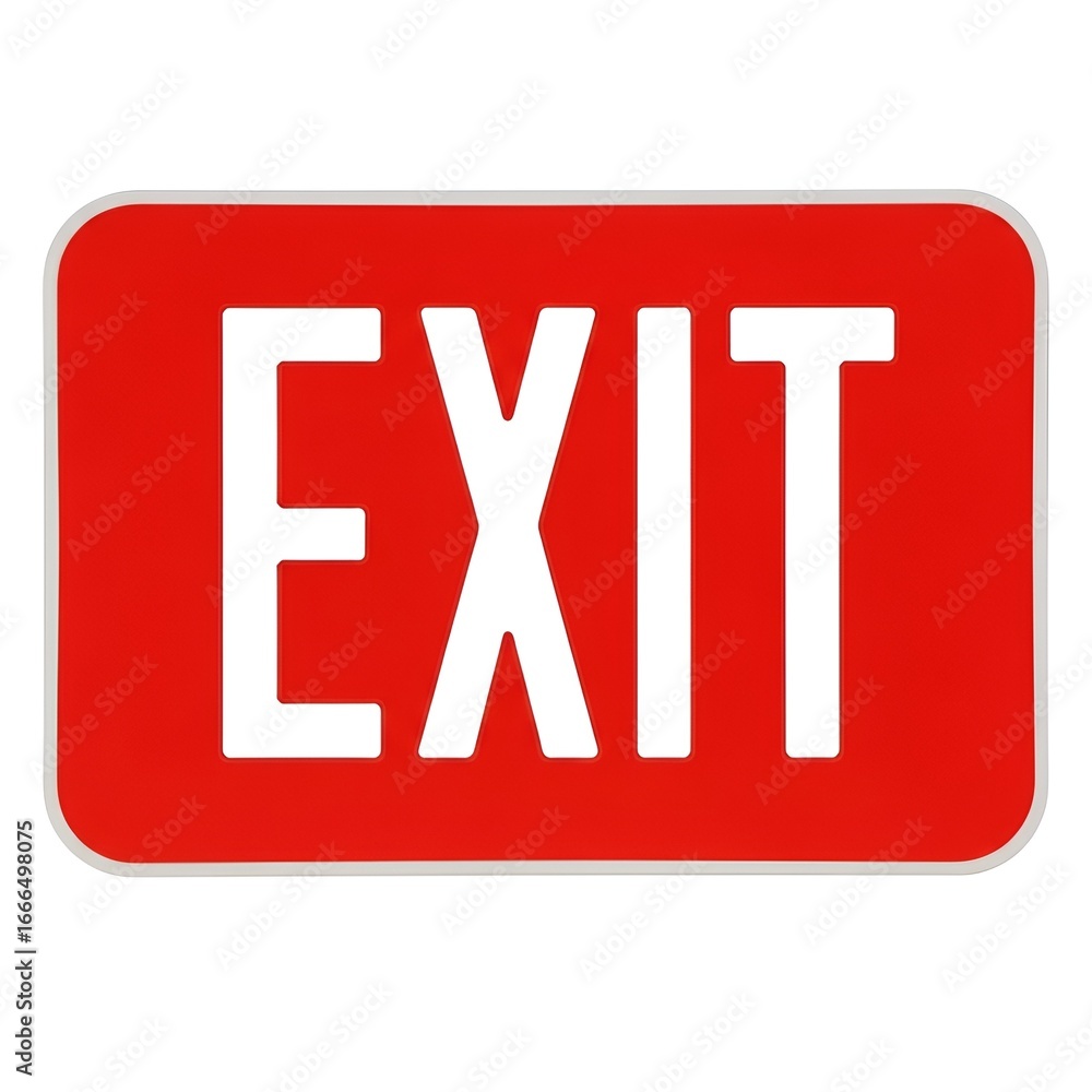 Poster red exit sign with white text indicating the direction to leave isolated on white background