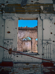 ruined street and destroyed houses the city war in Ukraine