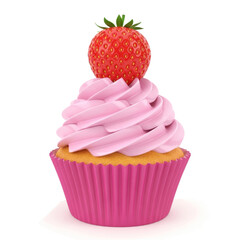 A pink strawberry cupcake with white cream and a strawberry on top, isolated on a white background
