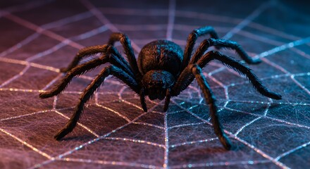 Close-up black spider on glittering spiderweb with dramatic blue and purple lighting. Creepy Halloween arachnid concept, horror insect background, and spooky dark nature detail.