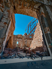 ruined street and destroyed houses the city war in Ukraine